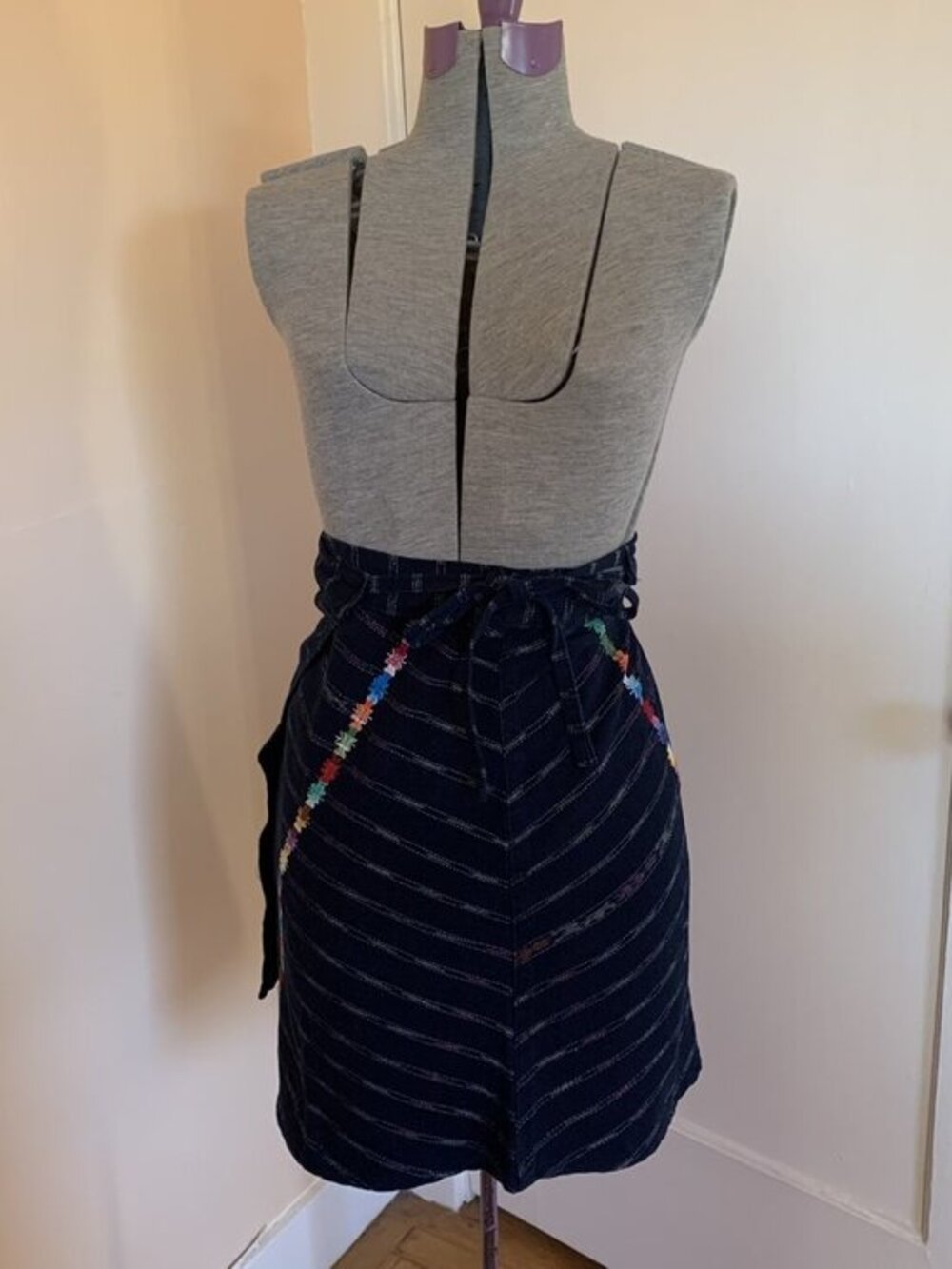 Guatemalan Huipil Wrap Skirt One Size Handwoven Indigo Multicolor Embroidery